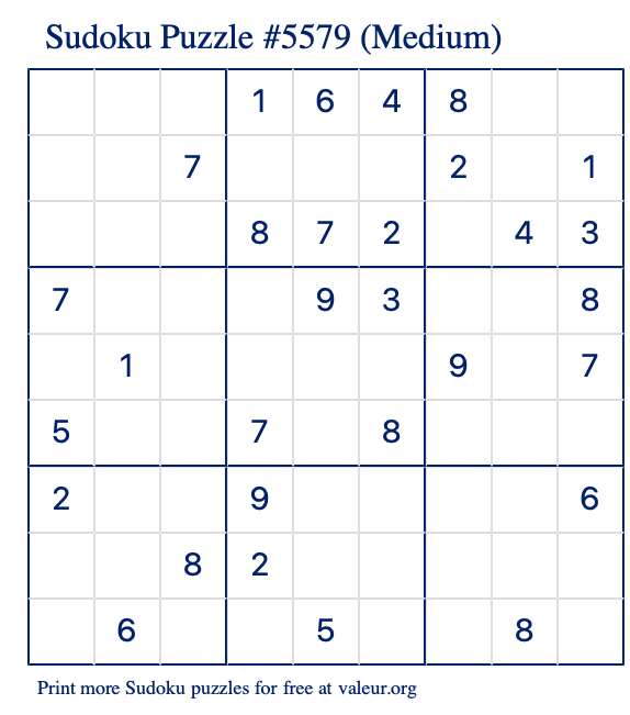 Free Printable Medium Sudoku Puzzle number 5579