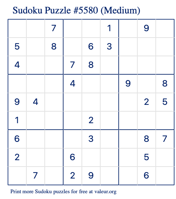 Free Printable Medium Sudoku Puzzle number 5580