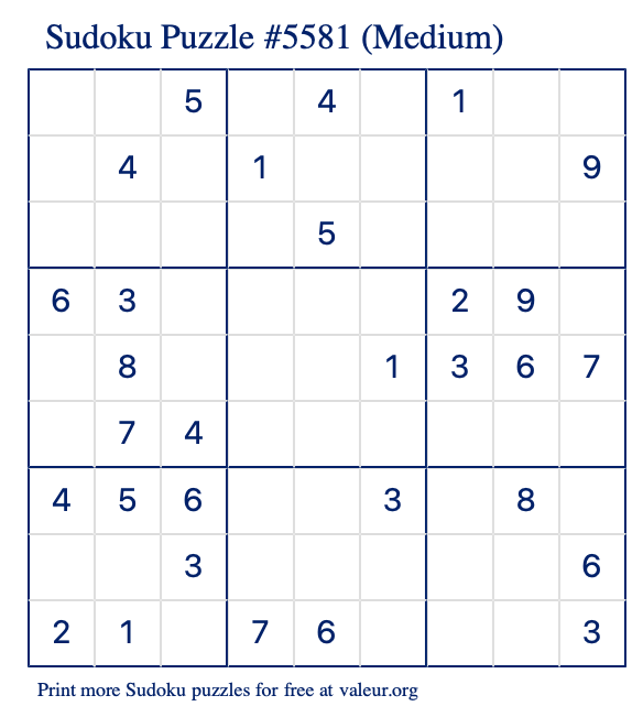 Free Printable Medium Sudoku Puzzle number 5581