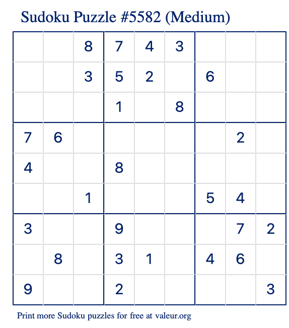 Free Printable Medium Sudoku Puzzle number 5582