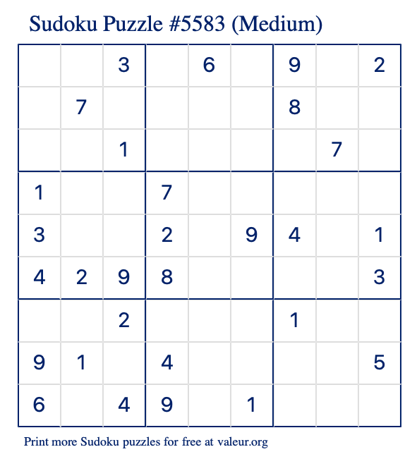 Free Printable Medium Sudoku Puzzle number 5583