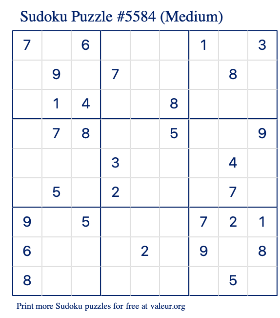 Free Printable Medium Sudoku Puzzle number 5584