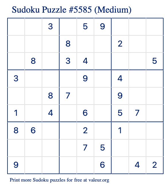 Free Printable Medium Sudoku Puzzle number 5585