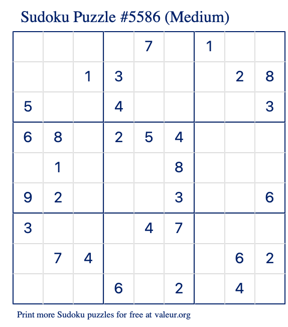 Free Printable Medium Sudoku Puzzle number 5586