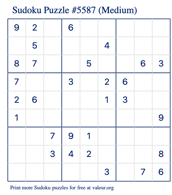 Free Printable Medium Sudoku Puzzle number 5587