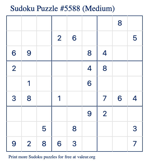 Free Printable Medium Sudoku Puzzle number 5588