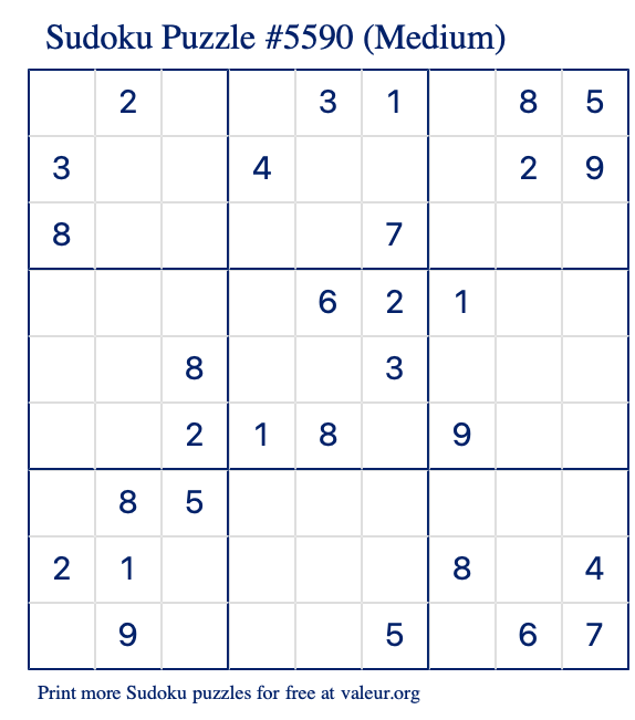 Free Printable Medium Sudoku Puzzle number 5590