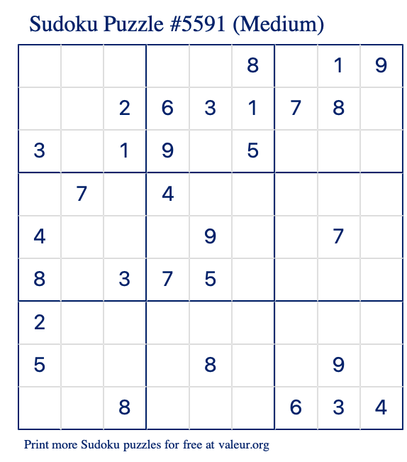 Free Printable Medium Sudoku Puzzle number 5591