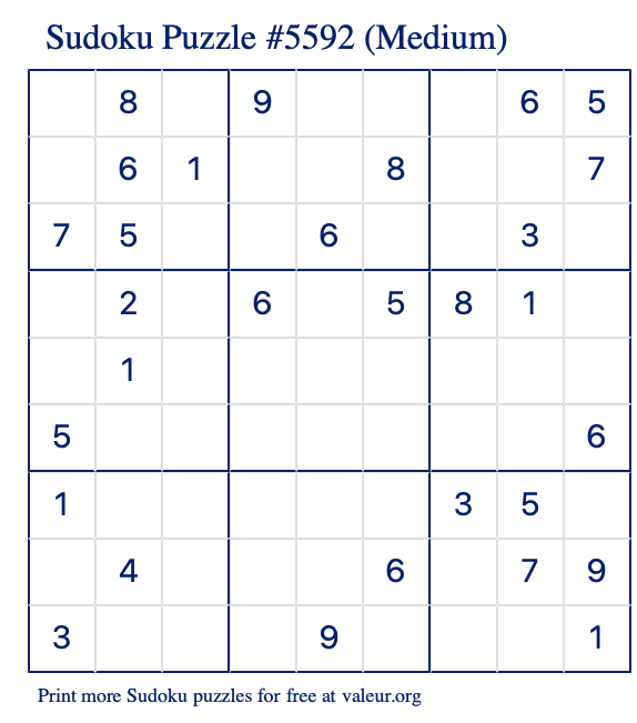 Free Printable Medium Sudoku Puzzle number 5592