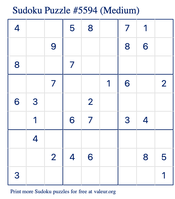 Free Printable Medium Sudoku Puzzle number 5594