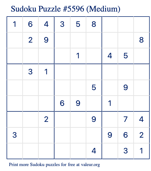 Free Printable Medium Sudoku Puzzle number 5596