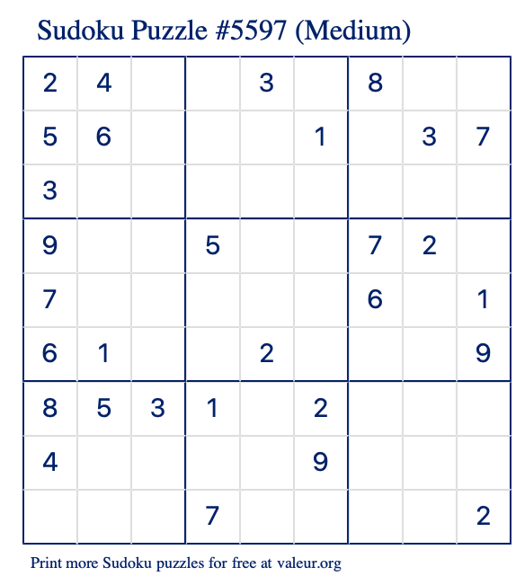 Free Printable Medium Sudoku Puzzle number 5597