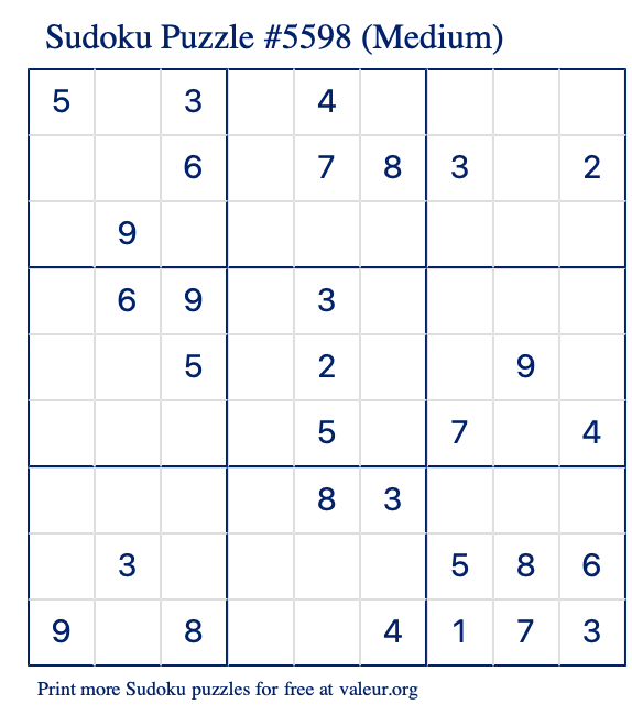 Free Printable Medium Sudoku Puzzle number 5598