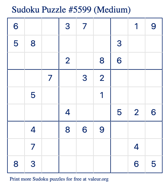 Free Printable Medium Sudoku Puzzle number 5599