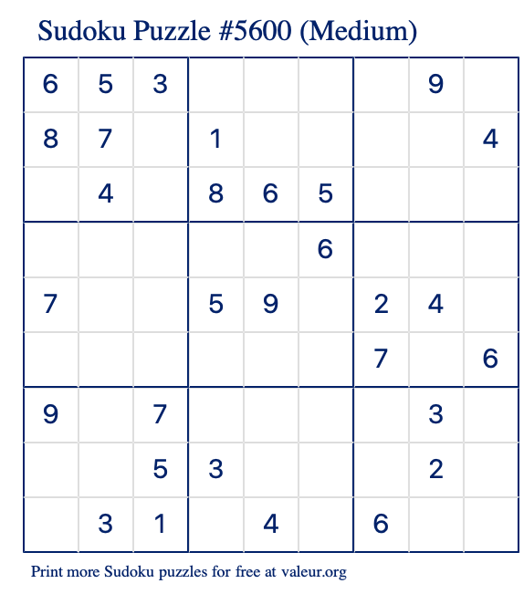 Free Printable Medium Sudoku Puzzle number 5600