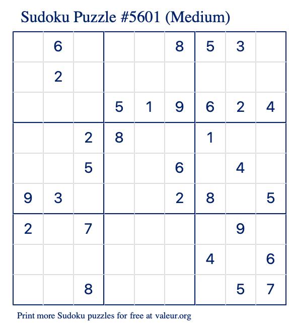 Free Printable Medium Sudoku Puzzle number 5601