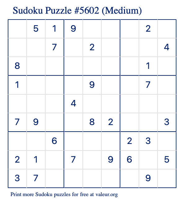 Free Printable Medium Sudoku Puzzle number 5602