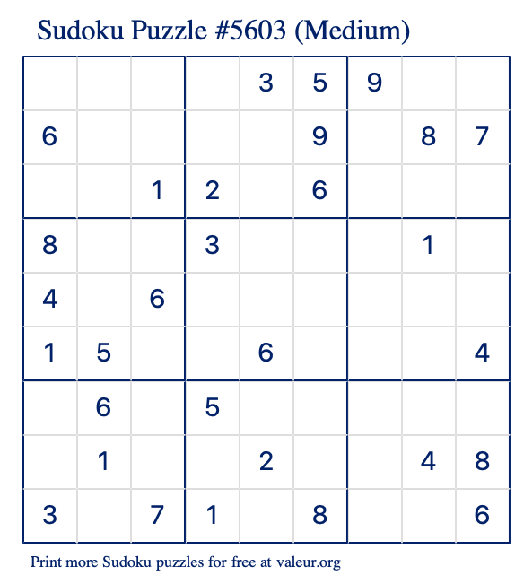 Free Printable Medium Sudoku Puzzle number 5603