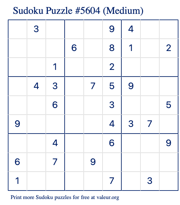 Free Printable Medium Sudoku Puzzle number 5604