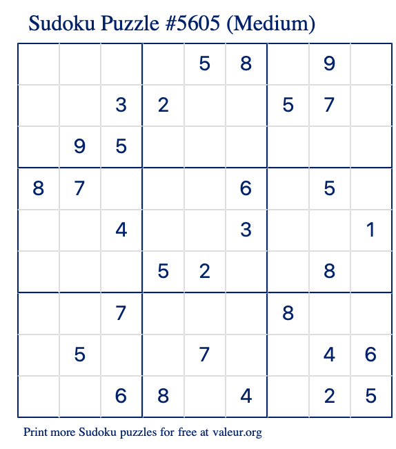 Free Printable Medium Sudoku Puzzle number 5605