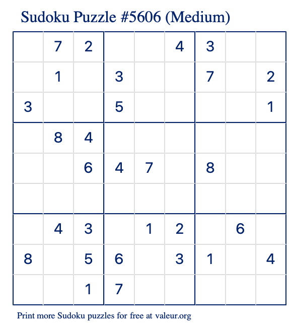 Free Printable Medium Sudoku Puzzle number 5606