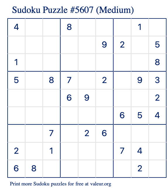 Free Printable Medium Sudoku Puzzle number 5607