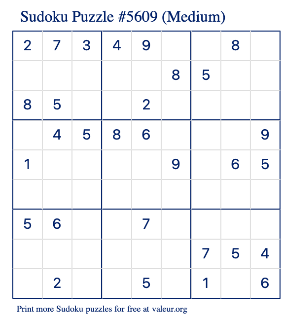 Free Printable Medium Sudoku Puzzle number 5609