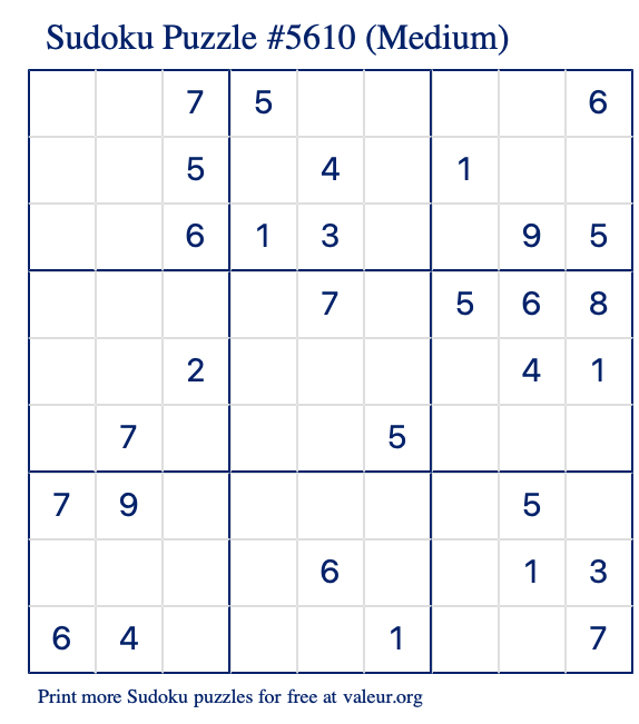 Free Printable Medium Sudoku Puzzle number 5610