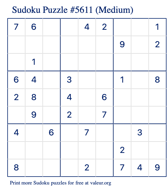 Free Printable Medium Sudoku Puzzle number 5611