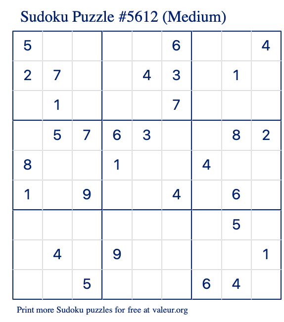 Free Printable Medium Sudoku Puzzle number 5612