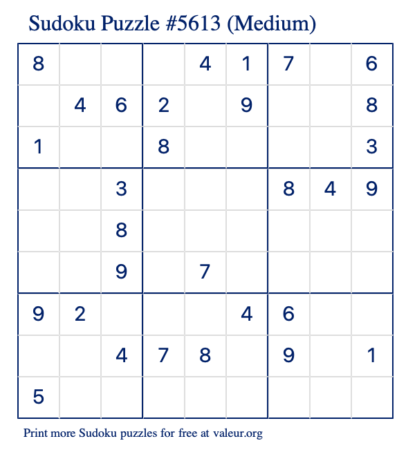 Free Printable Medium Sudoku Puzzle number 5613