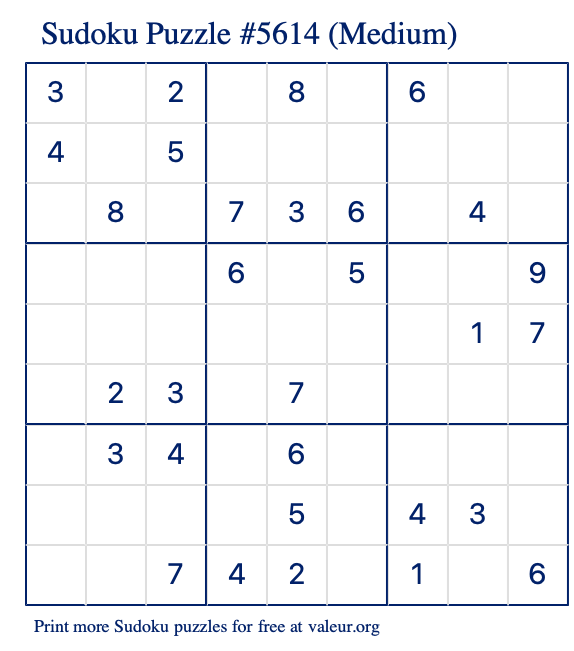 Free Printable Medium Sudoku Puzzle number 5614