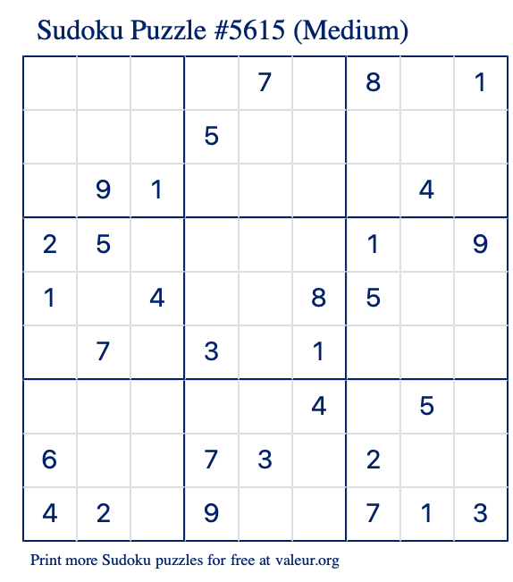 Free Printable Medium Sudoku Puzzle number 5615