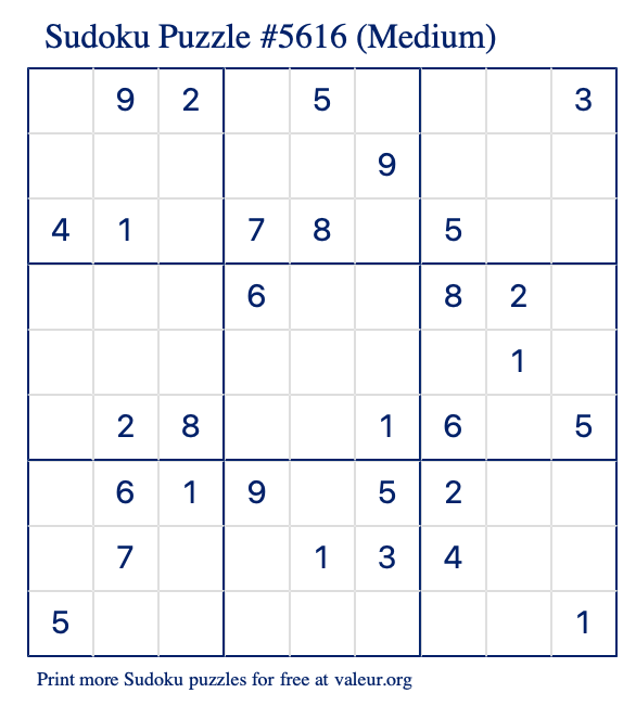 Free Printable Medium Sudoku Puzzle number 5616