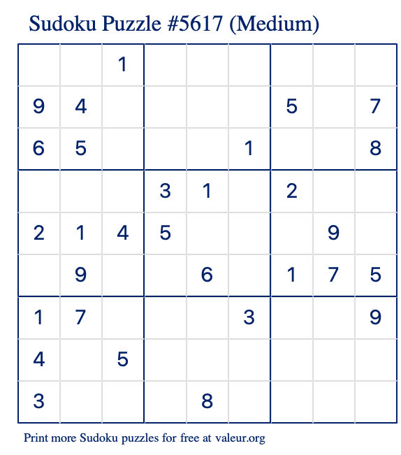 Free Printable Medium Sudoku Puzzle number 5617