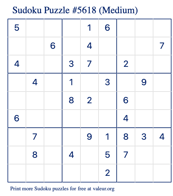 Free Printable Medium Sudoku Puzzle number 5618