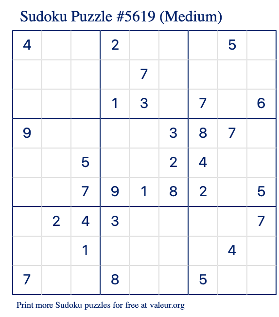 Free Printable Medium Sudoku Puzzle number 5619