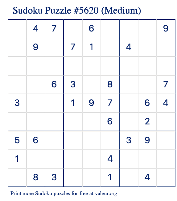 Free Printable Medium Sudoku Puzzle number 5620