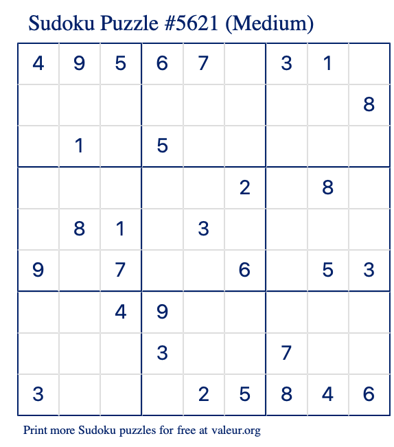 Free Printable Medium Sudoku Puzzle number 5621