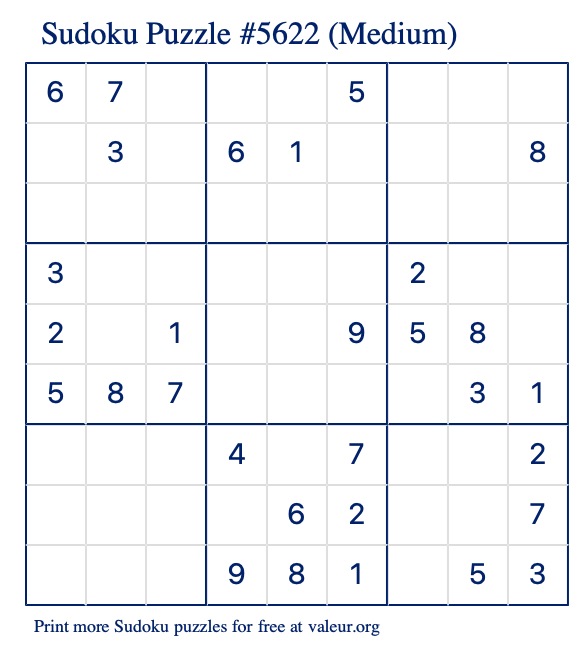 Free Printable Medium Sudoku Puzzle number 5622