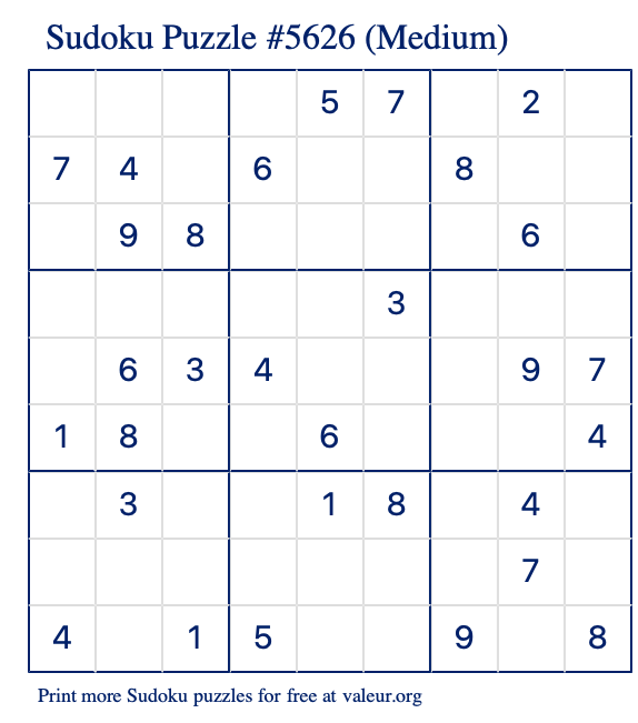 Free Printable Medium Sudoku Puzzle number 5626