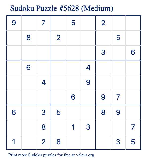 Free Printable Medium Sudoku Puzzle number 5628