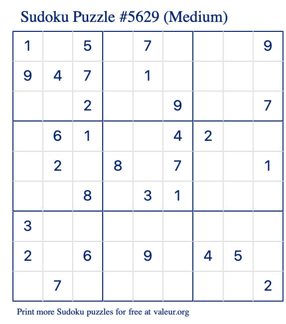 Free Printable Medium Sudoku Puzzle number 5629