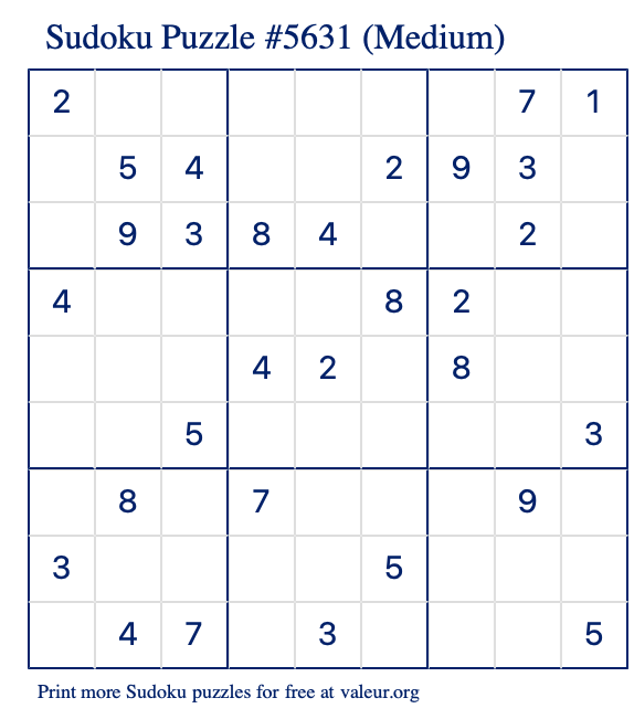 Free Printable Medium Sudoku Puzzle number 5631