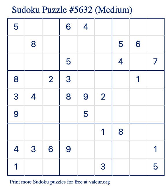 Free Printable Medium Sudoku Puzzle number 5632