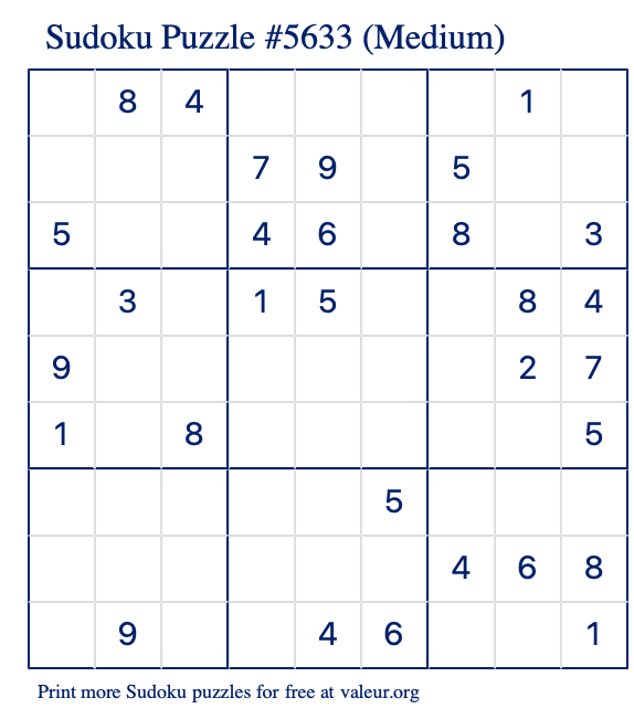 Free Printable Medium Sudoku Puzzle number 5633