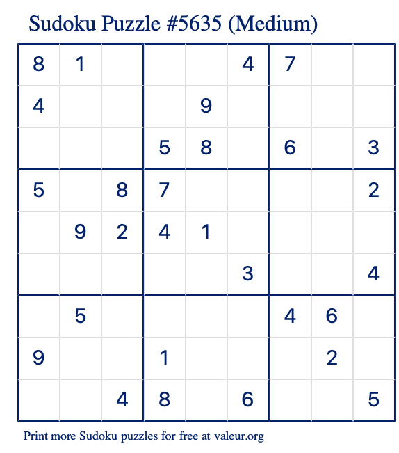 Free Printable Medium Sudoku Puzzle number 5635