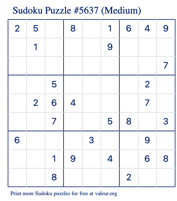 Free Printable Medium Sudoku Puzzle number 5637