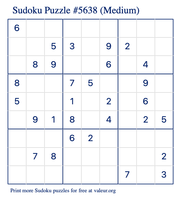 Free Printable Medium Sudoku Puzzle number 5638