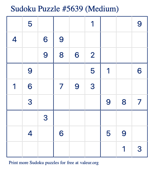 Free Printable Medium Sudoku Puzzle number 5639